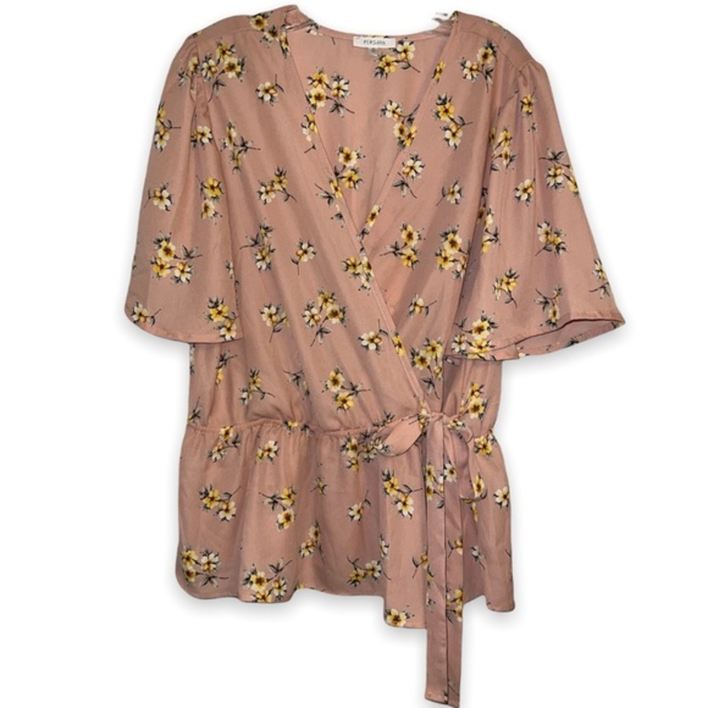 Persaya Top Faux Wrap Floral Bell Sleeve Tie at Peplum Waist Size 3X Plus